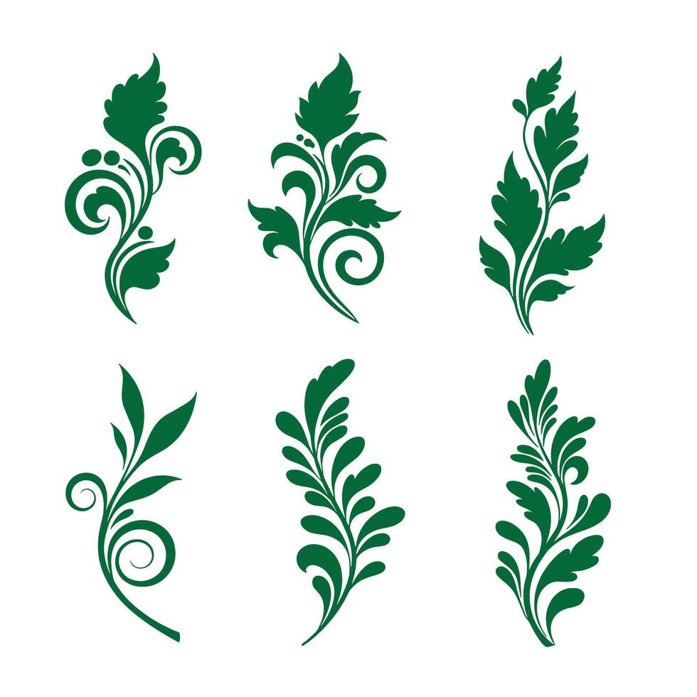 Black swirl leaves ornament set used in decorative labels branding and poster design vector
