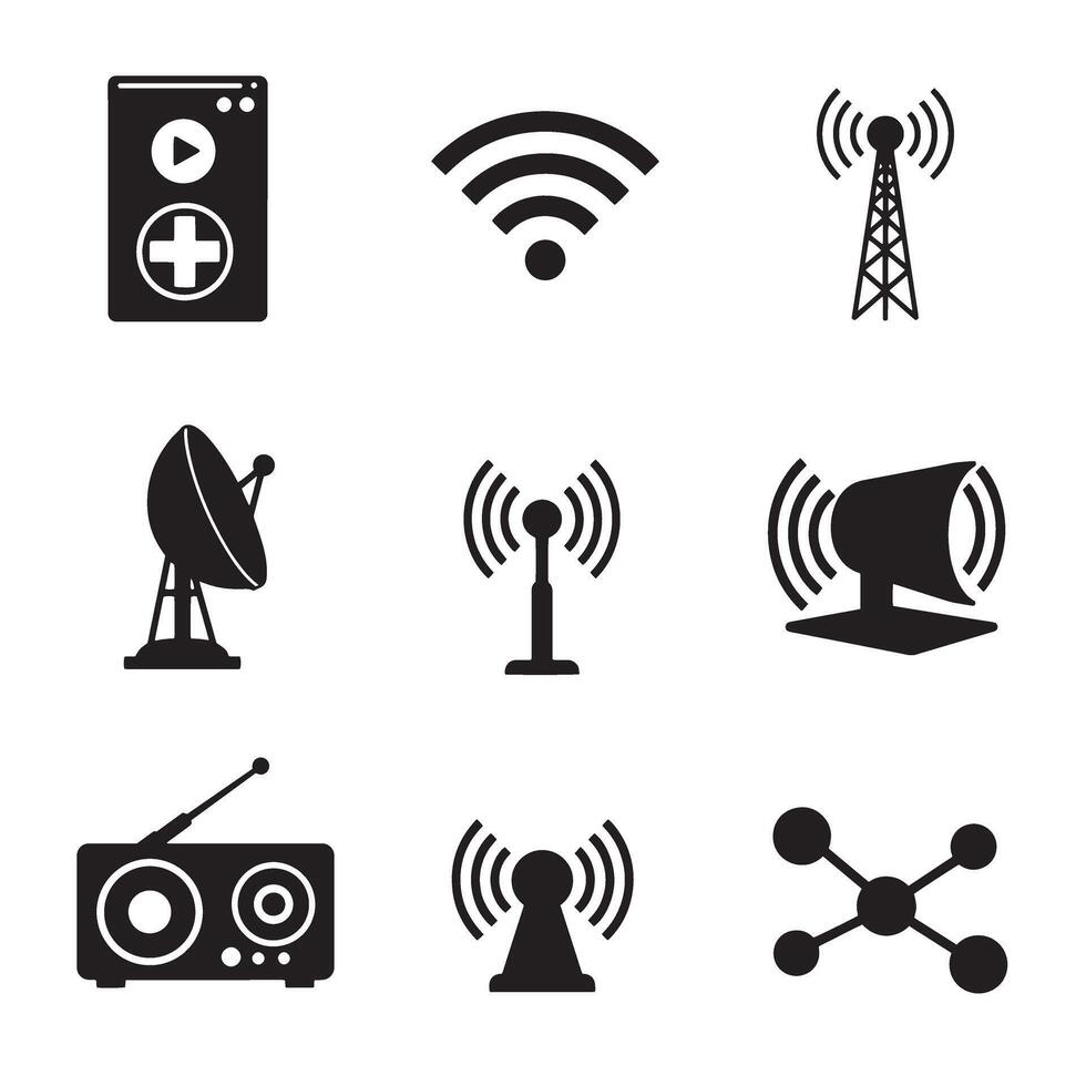 Tech themed wireless signal wifi sound radio and antenna icons for user interface systems vector