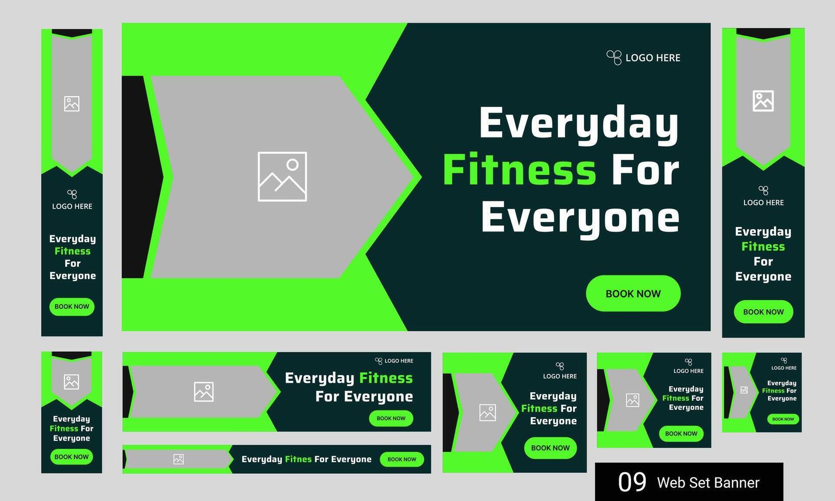 Everyday body fitness services web bundle banner design for social media post, daily exercise methods web set banner design, fully customizable eps 10 file format vector