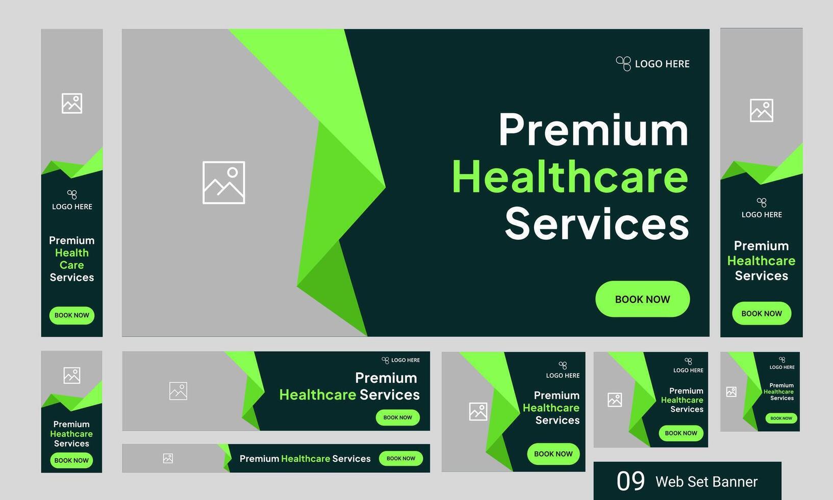 Modern and sleek healthcare services web set banner design for social media post, digital medical services web bundle banner design, fully customizable eps 10 file format vector