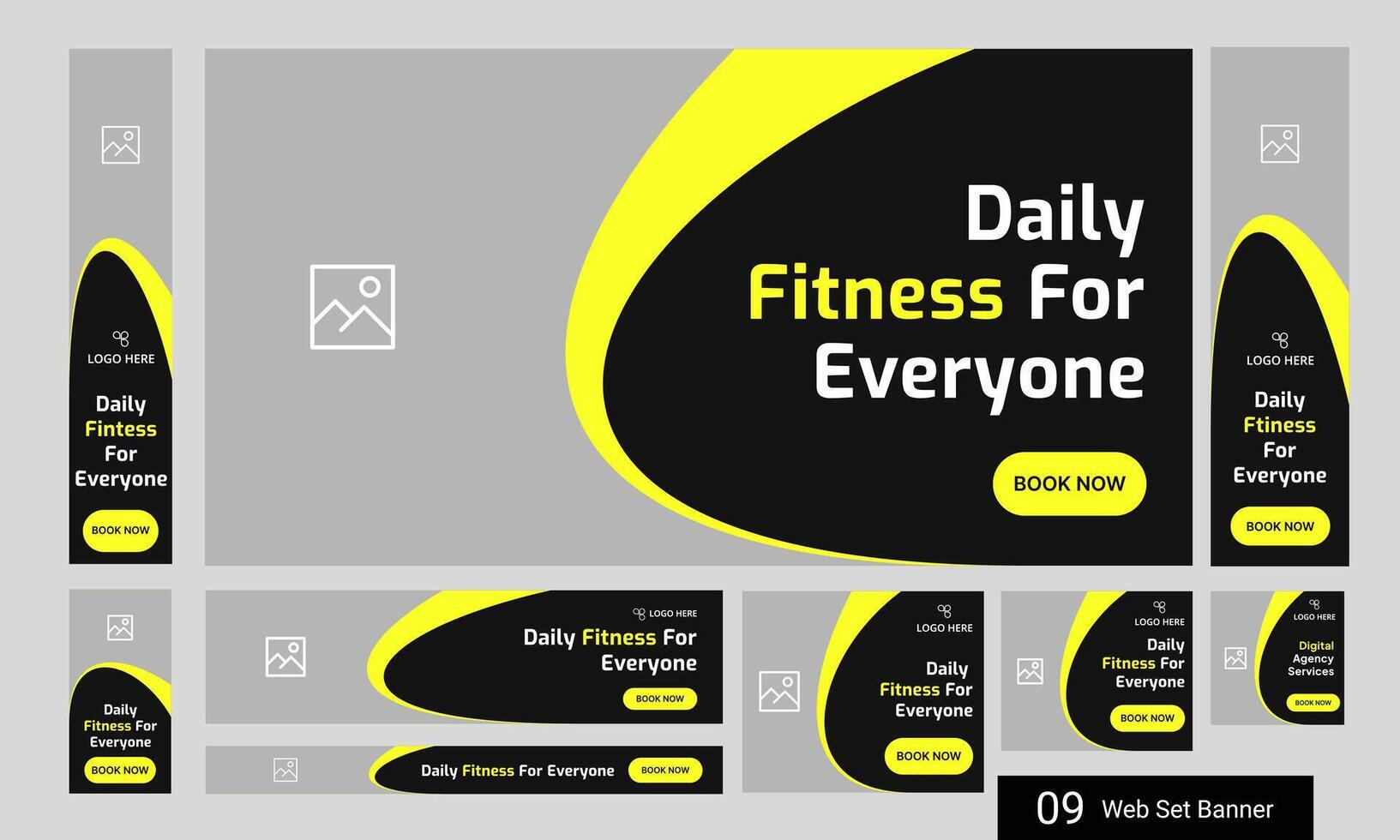 Sustainable body fitness services web bundle banner design for social media post, daily exercise methods web set banner design, fully customizable eps 10 file format vector