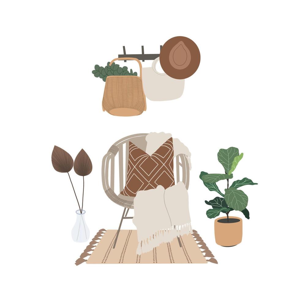 Cozy living room interior design. Chair with pillow and blanket, carpet, indoor plants, hanger with bags. Hand drawn design vector