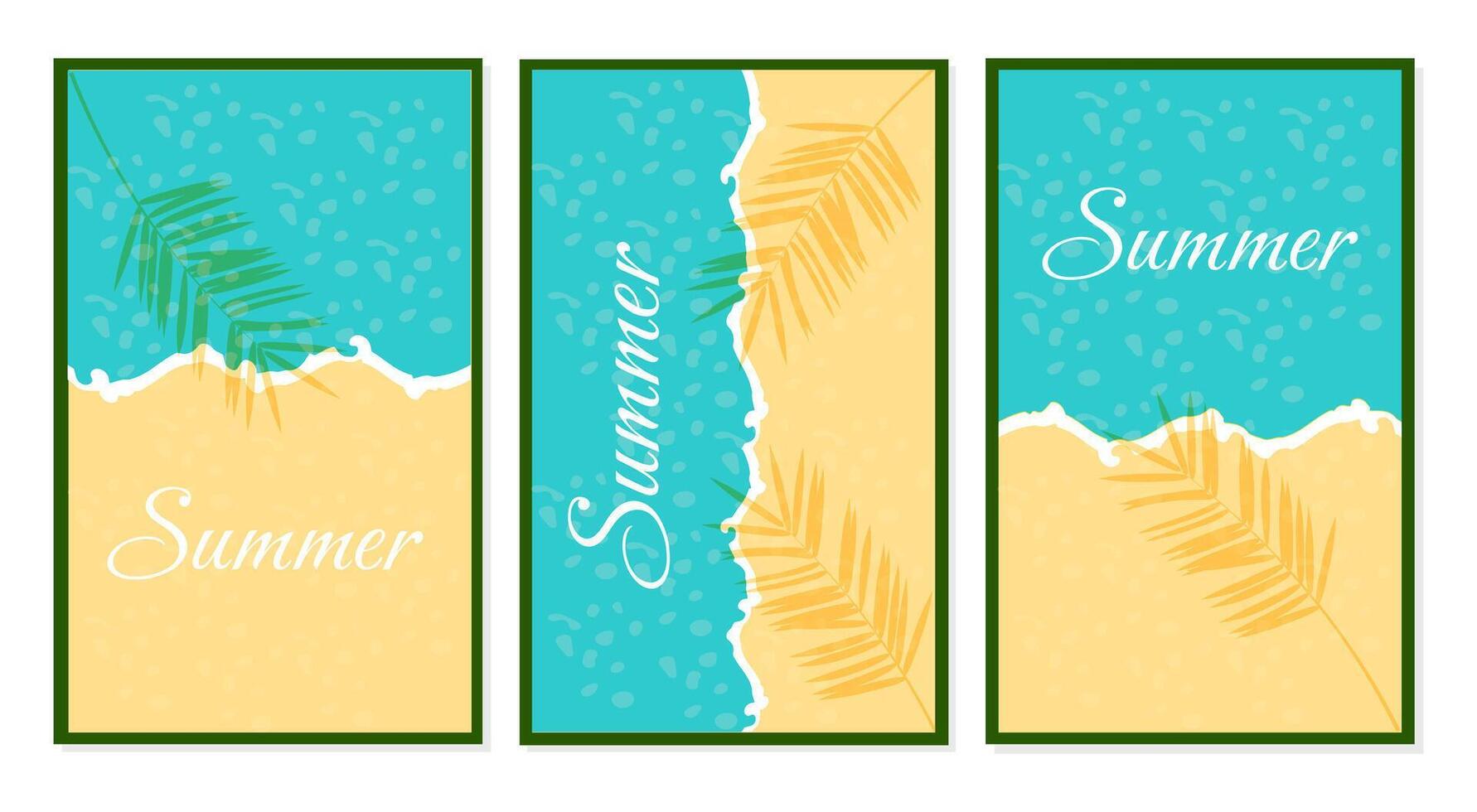 Set of summer posters with palm leaves and beach. Vertical backgrounds. vector