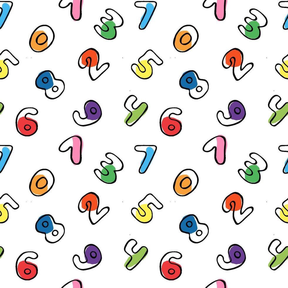 Colored pattern of numbers in doodle style. Seamless childish texture with bright numbers. vector