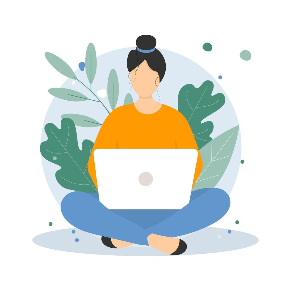 Woman with laptop sitting on the background of nature. Illustration for work from home, freelancing, studying. vector