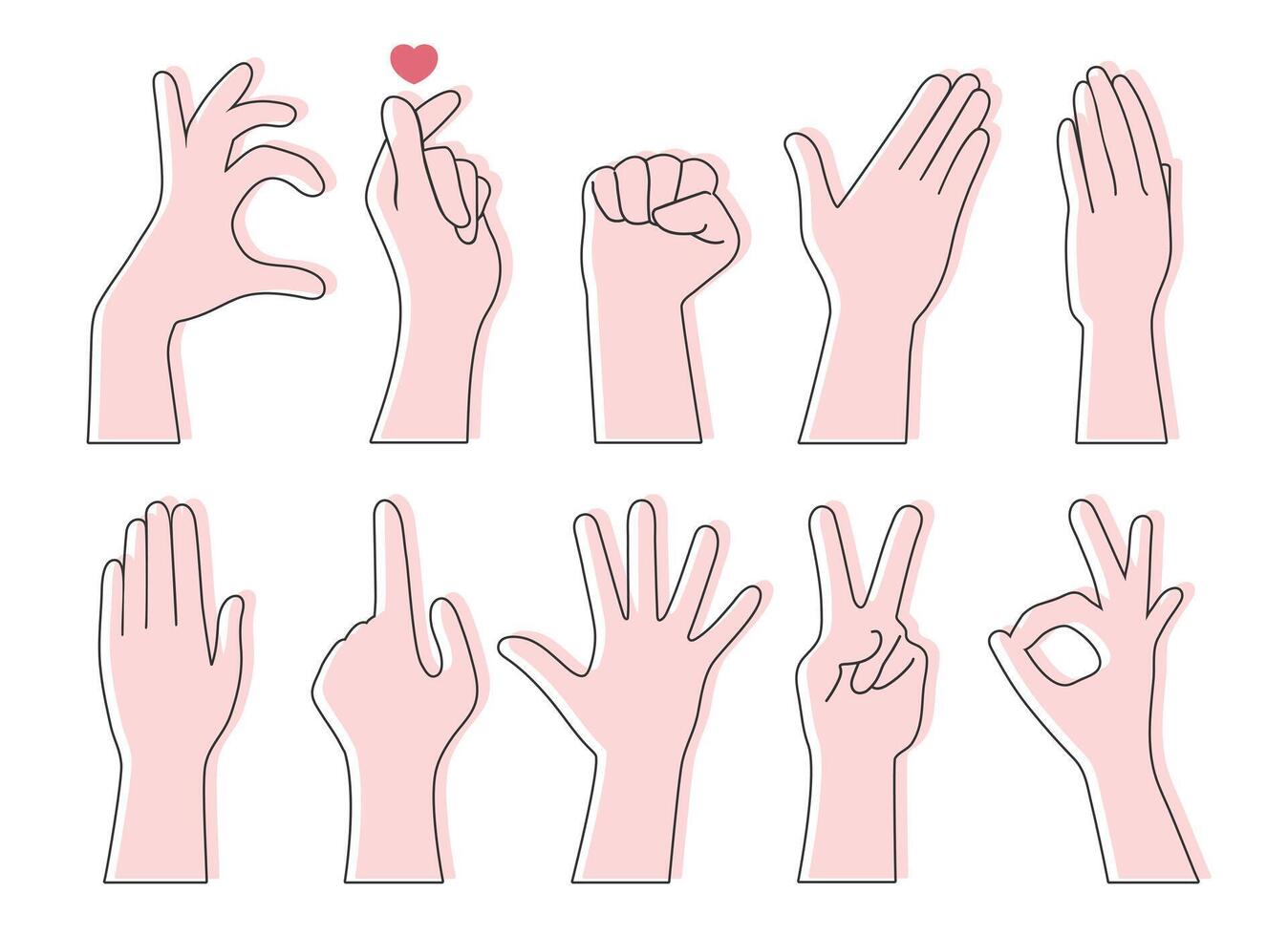 Hand gesture outlines. Okay sign, thumb up, pointing finger, making heart, holding hand, fist, open palm, straight hand vector