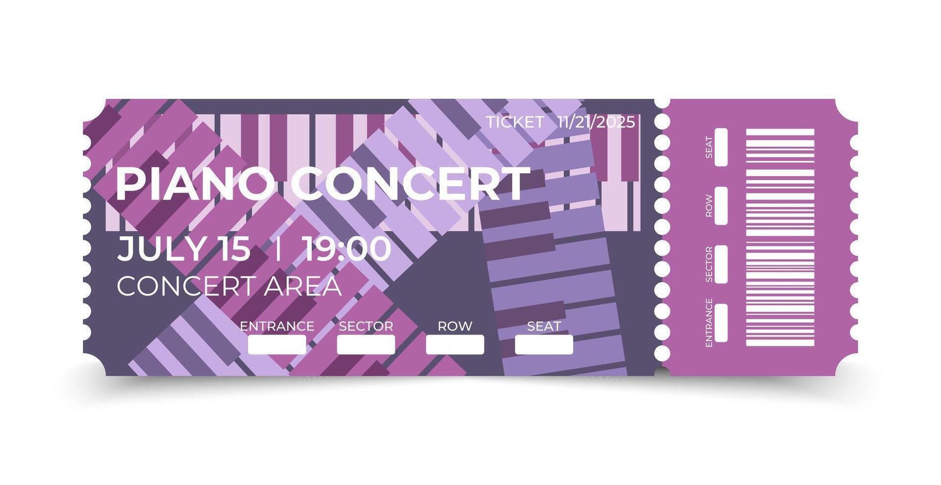 Piano concert ticket template design with piano keys pattern. Music concert coupon vector
