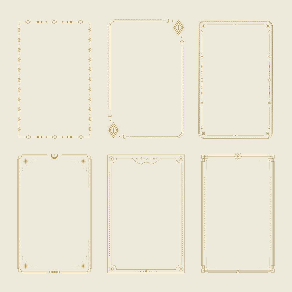 Set of celestial tarot card frame border templates. Celestial esoteric border set vector