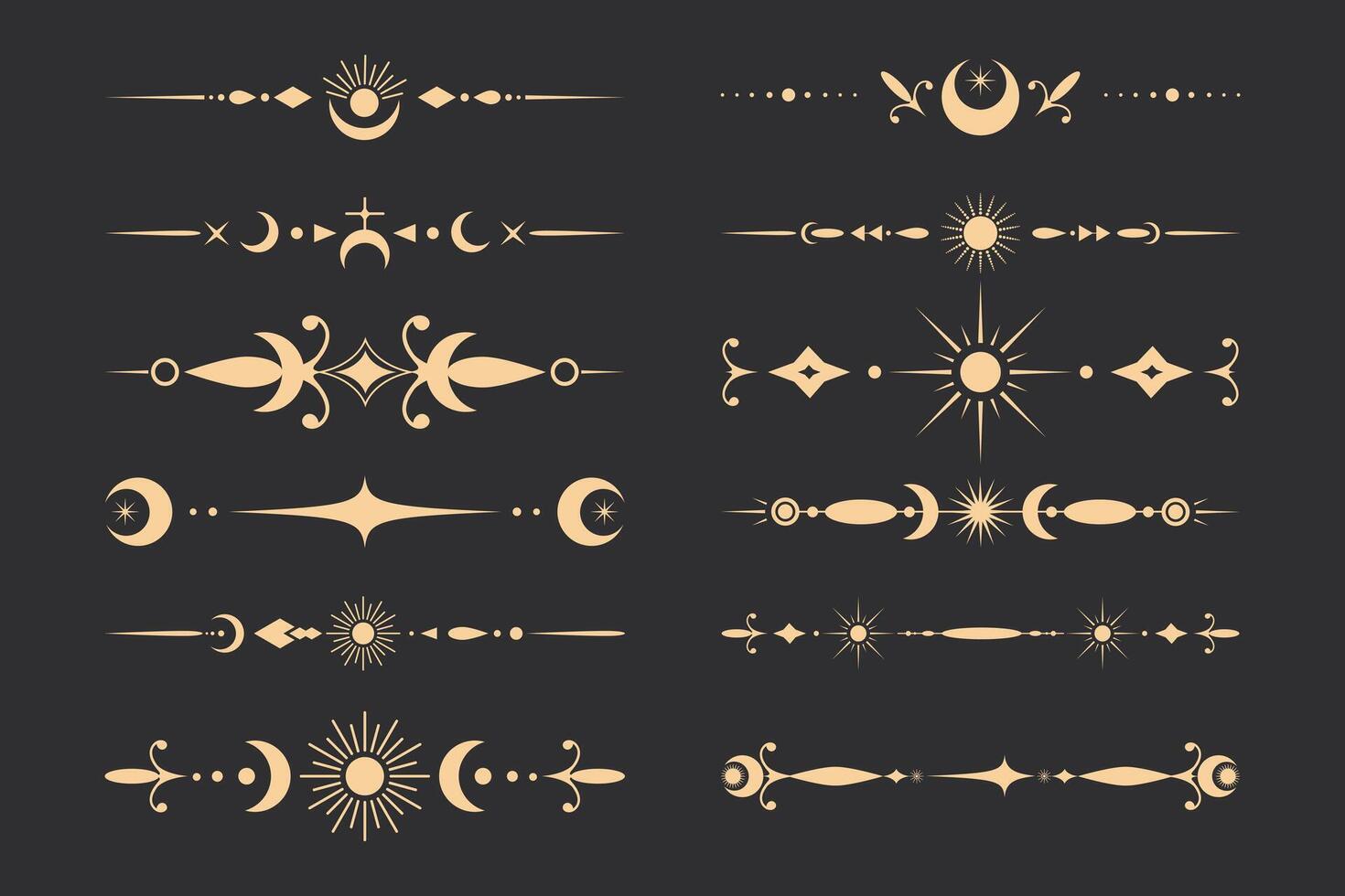 Collection of decorative celestial dividers with space elements. For tarot, astrology, magical cards and frames vector