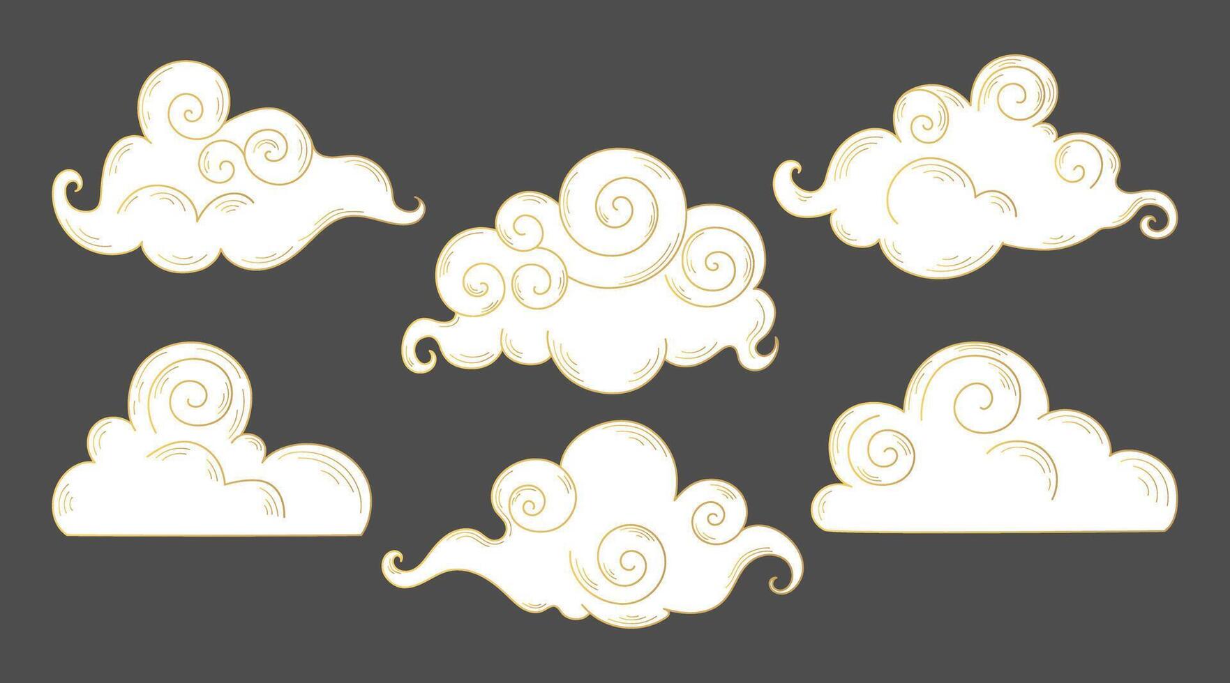 White and golden cartoon swirl clouds. Hand drawn celestial doodle clouds in Asian style vector