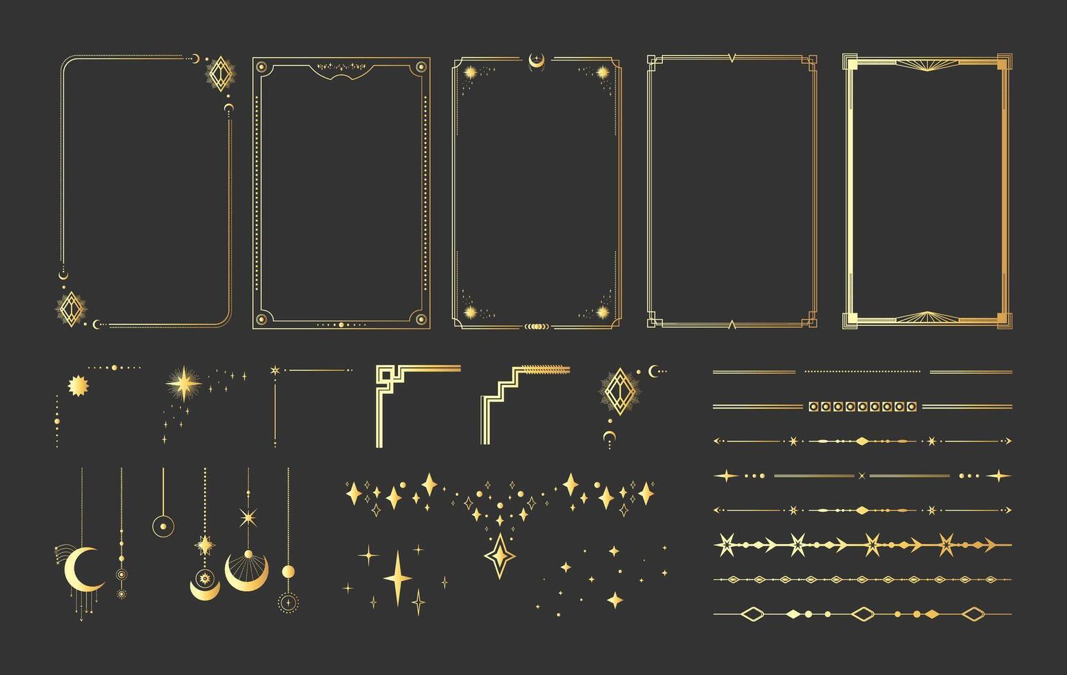 Golden frame border templates with celestial design elements. Celestial dividers, pendants and borders with space decorations, crescents and stars vector