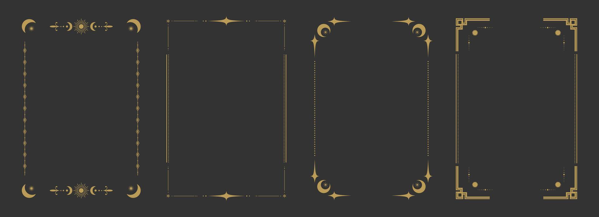 Empty Tarot card frame border templates. Celestial esoteric border set vector
