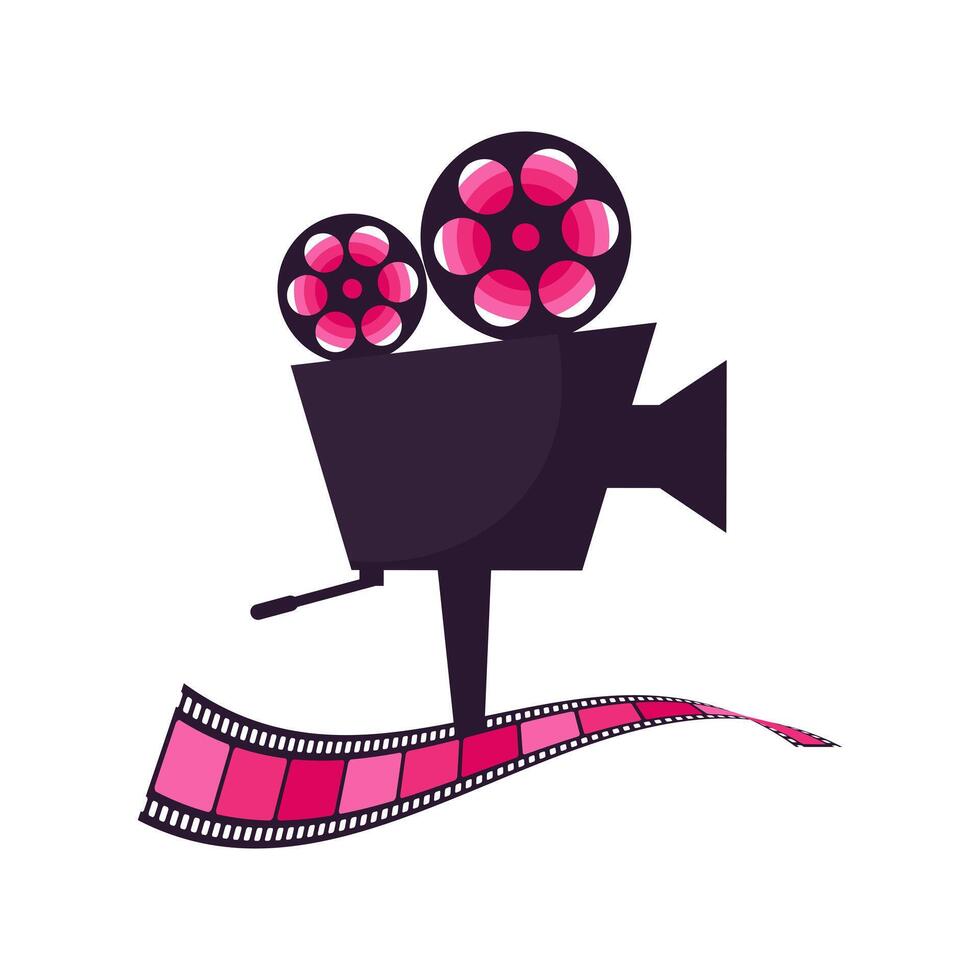 Retro minimalist movie camera with bright filmstrip. Movie camera icon vector