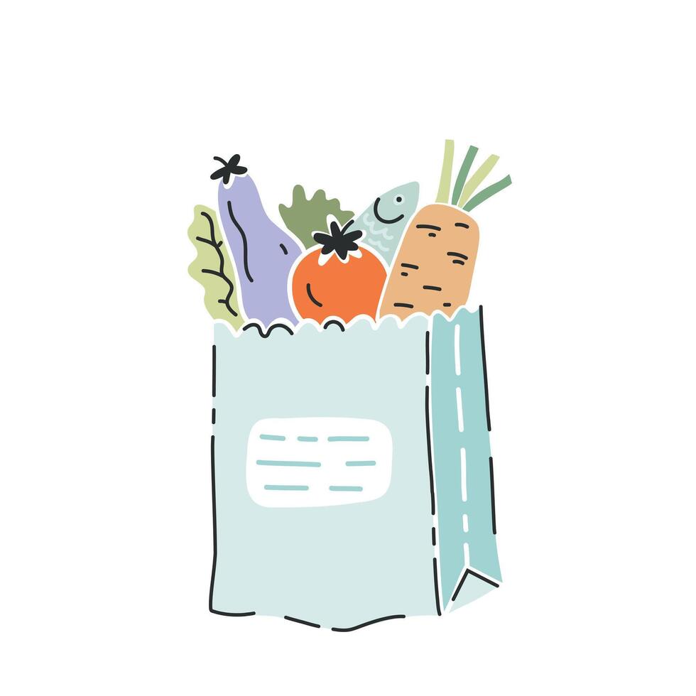 paper bag filled with fresh vegetables, fish and greens. Flat style illustration on white background vector
