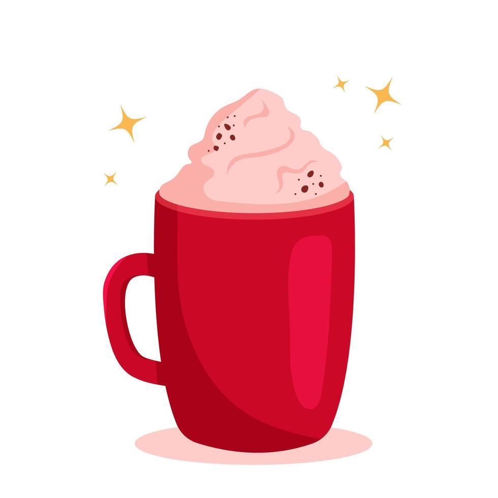 Hot chocolate or coffee with whipped cream in red cup. Cozy illustration in cartoon style. vector