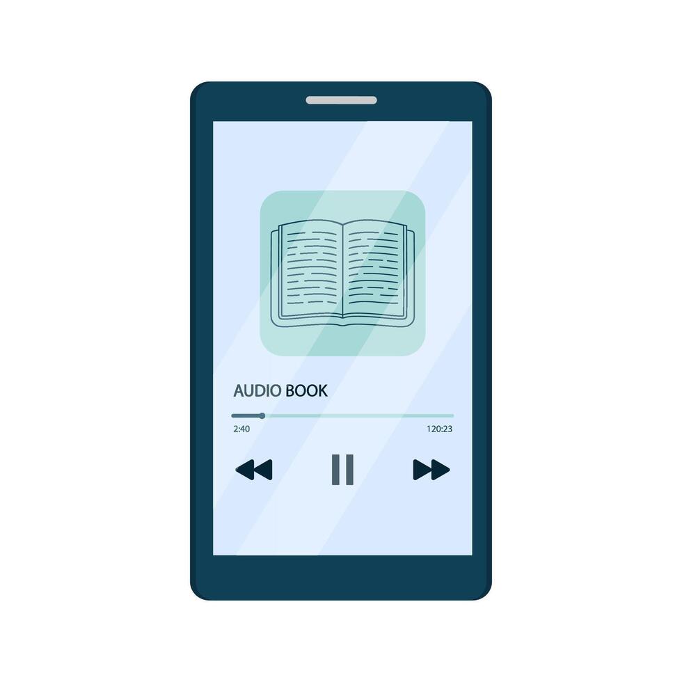 Audiobook concept. Smartphone with an application for listening to audiobook on the screen. Isolated illustration in flat cartoon style. vector