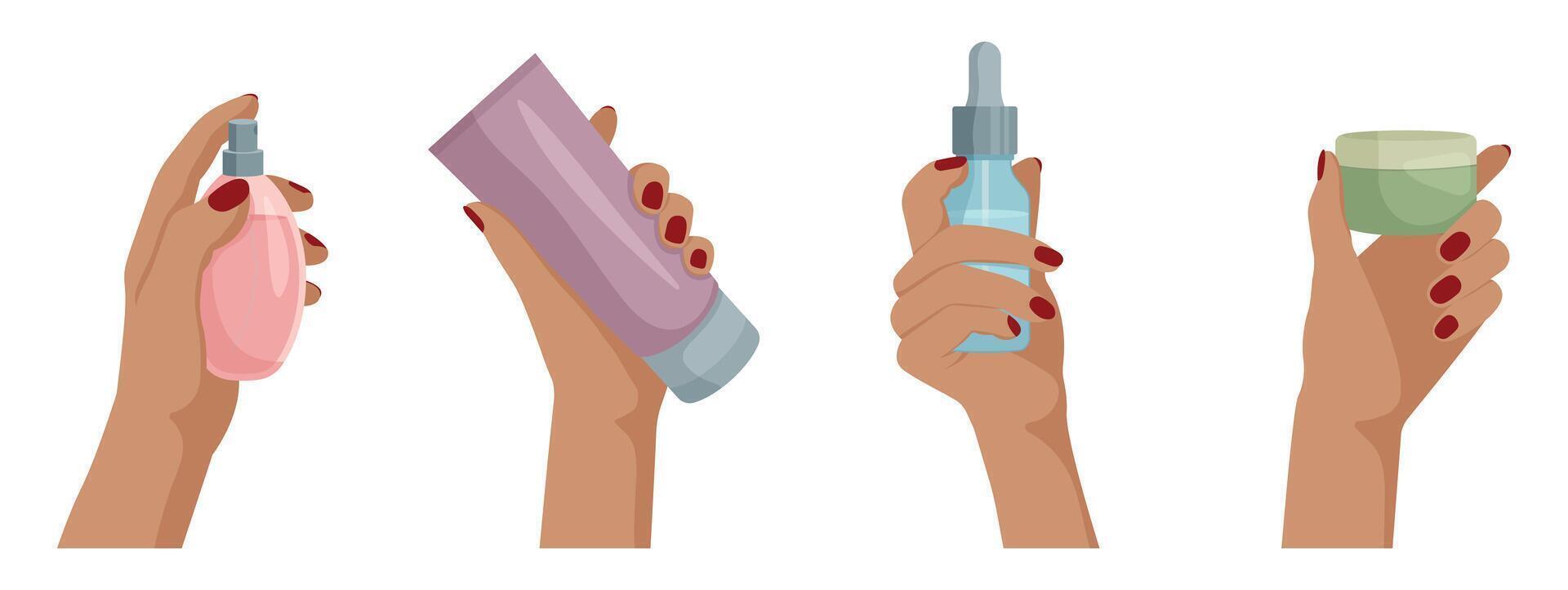 Collection of female hands holding different cosmetic product. Set of cosmetic products such as eau de parfum, moisture cream, serum, cleanser. illustration in flat style. vector