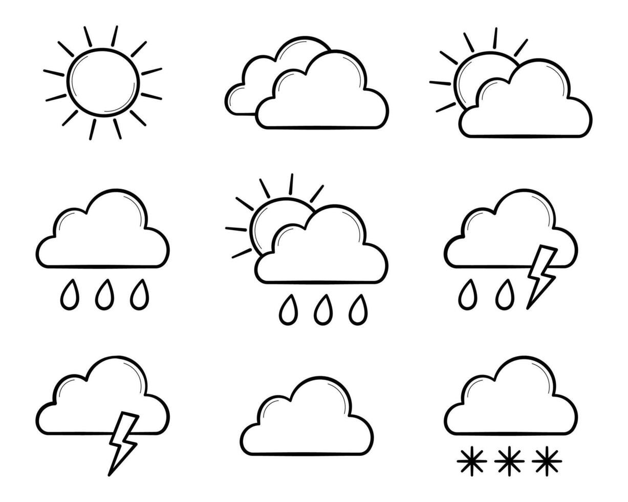 Set of weather icons. Doodle line style. Sun, clouds, rain, snow, thunderstorm. Isolated illustration. vector