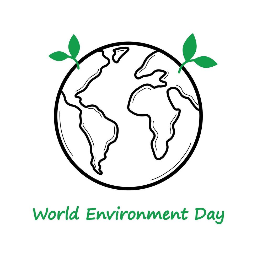 World Environment Day. Greeting card with Earth planet and leaves. illustration in doodle line style. vector