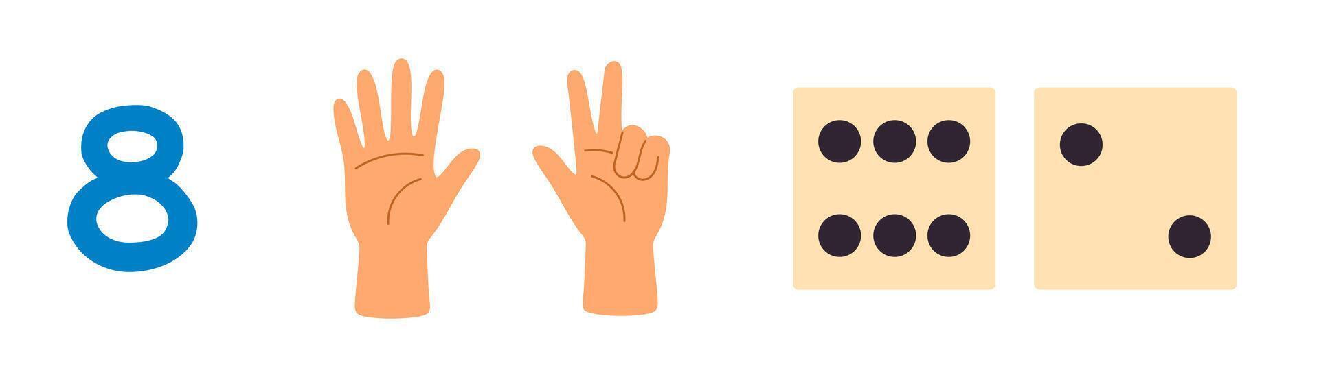 Number 8 shown with eight fingers and two dice for numeric education vector