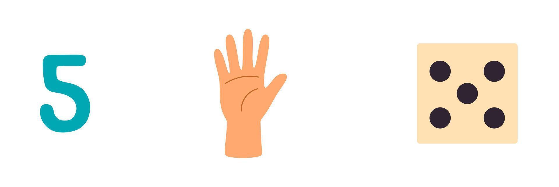 Number 5 with open hand and five-dot dice, learning to count visually vector
