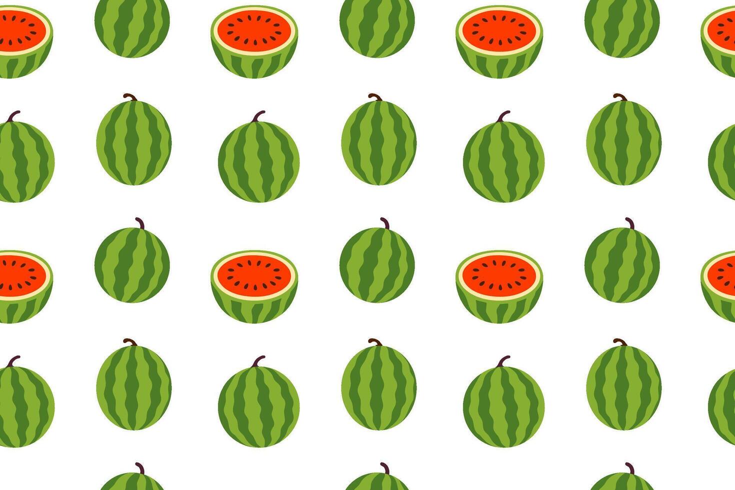 Pattern featuring whole round green-striped watermelons and halved melons with red flesh on a white background vector