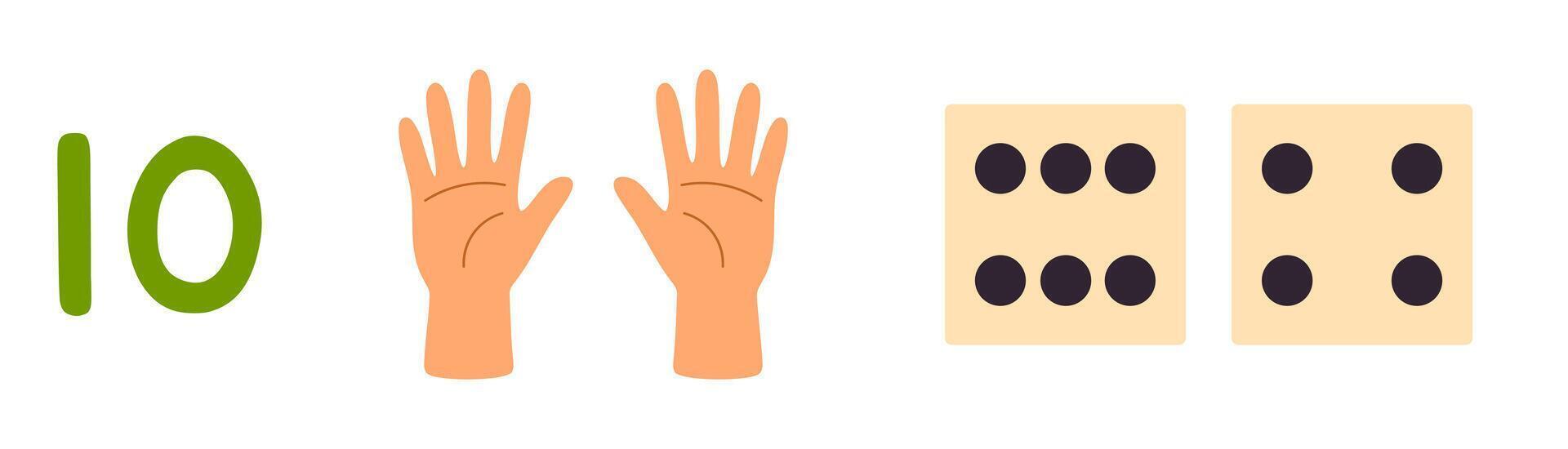 Number 10 with both hands open and two five-dot dice for visual counting vector