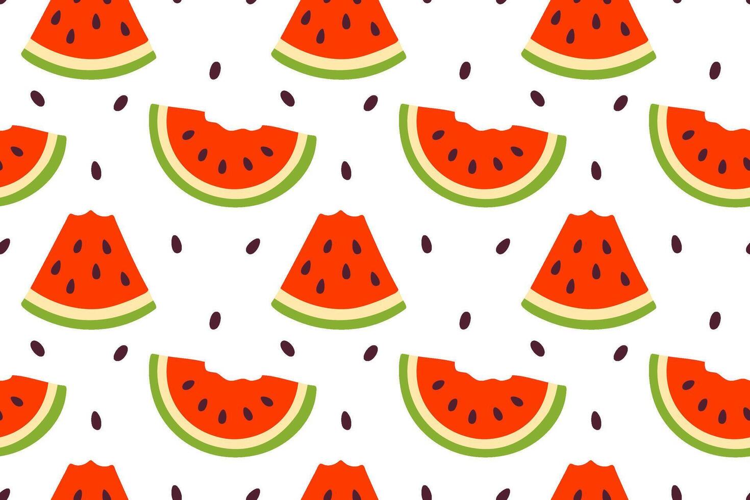 Repeating pattern of triangular watermelon slices with visible black seeds on a white background vector