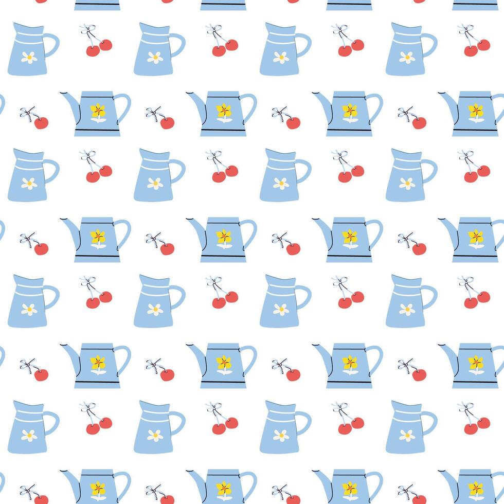 Rustic cottage decor pattern with pitchers and cherries for home wall art vector