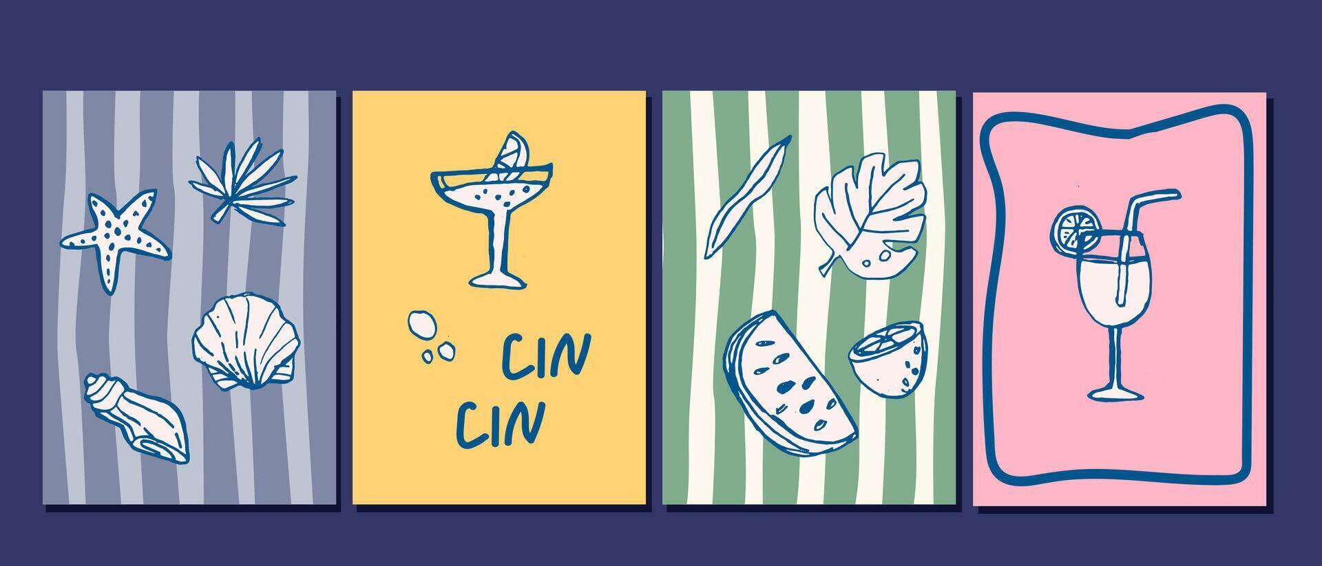 Playful beach and cocktail illustrations with nautical themes and refreshing drinks vector