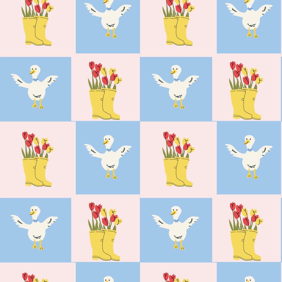 Whimsical cottage decor pattern with ducks and flower-filled boots vector