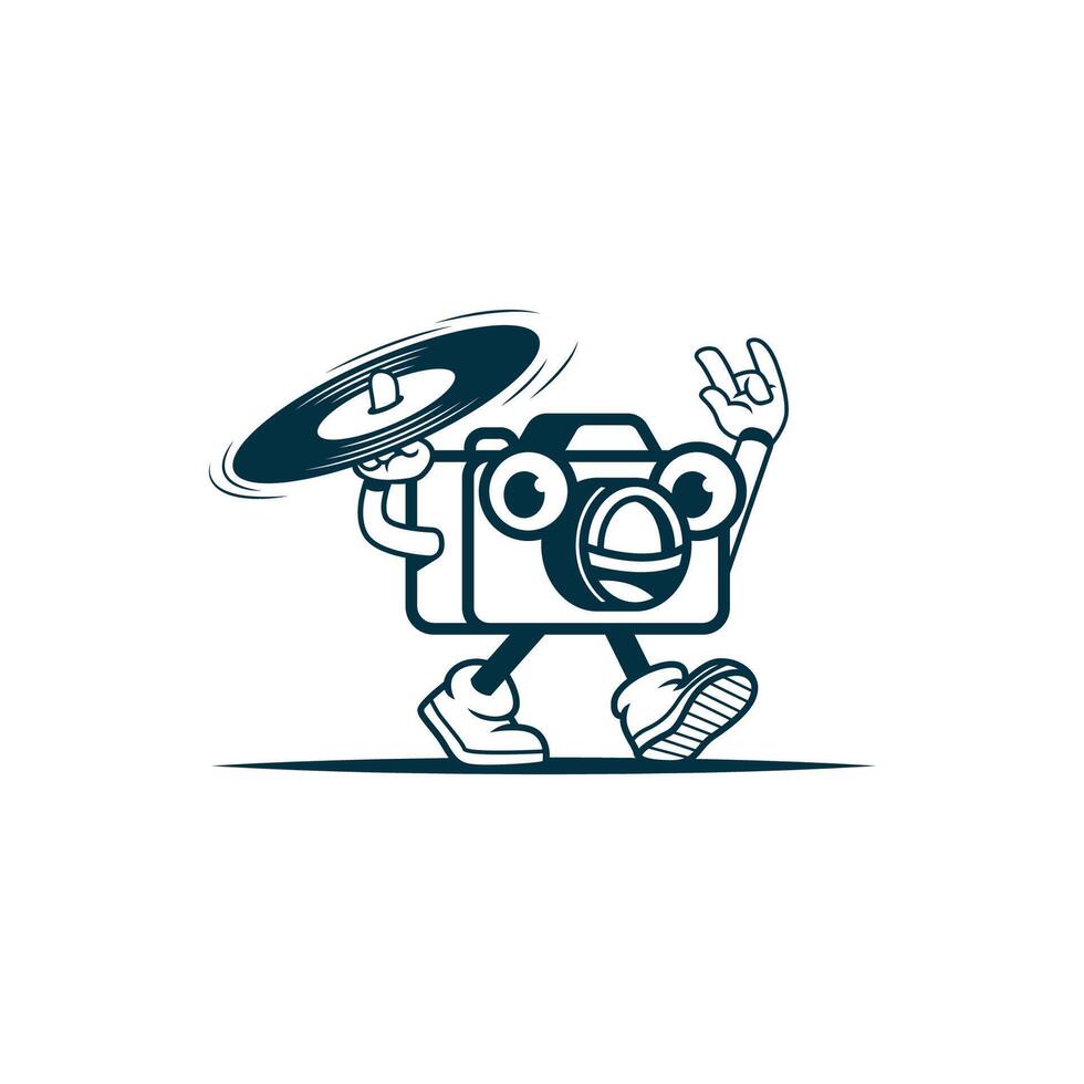 camera character mascot carrying a vinyl record logo illustration vector