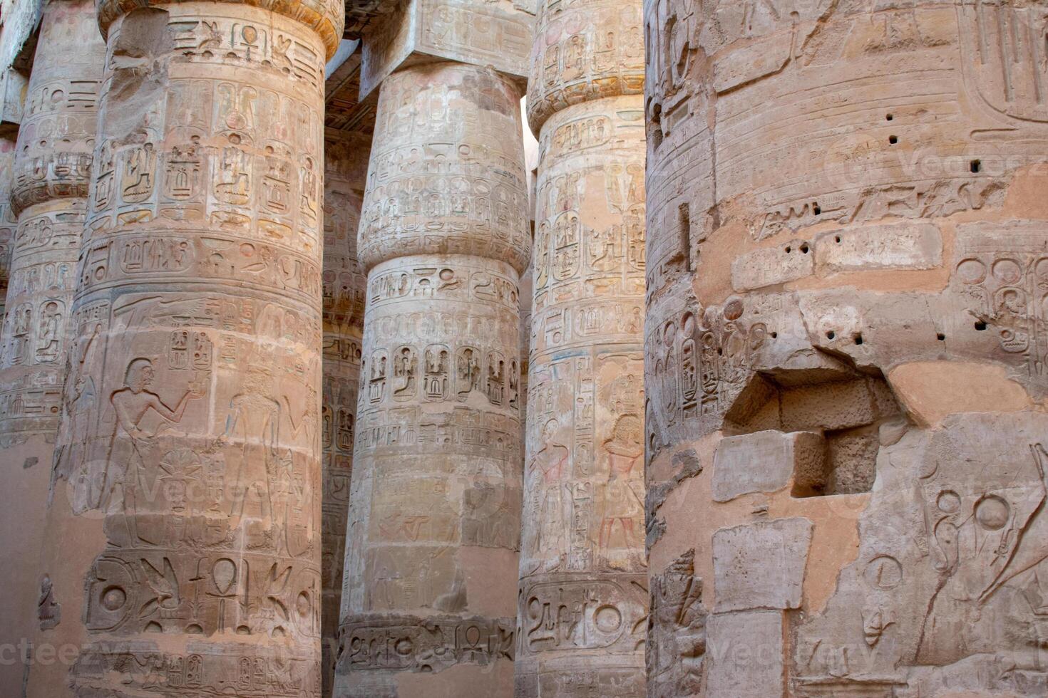 Karnak Temple luxor Egypt Hieroglyphs and Art on pillars and walls Temples, pylons, chapels, and other buildings in Karnak Temple Complex. photo