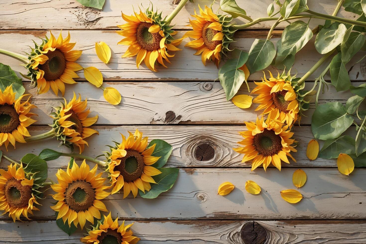 Sunflowers and Petals on Weathered Wooden Surface photo