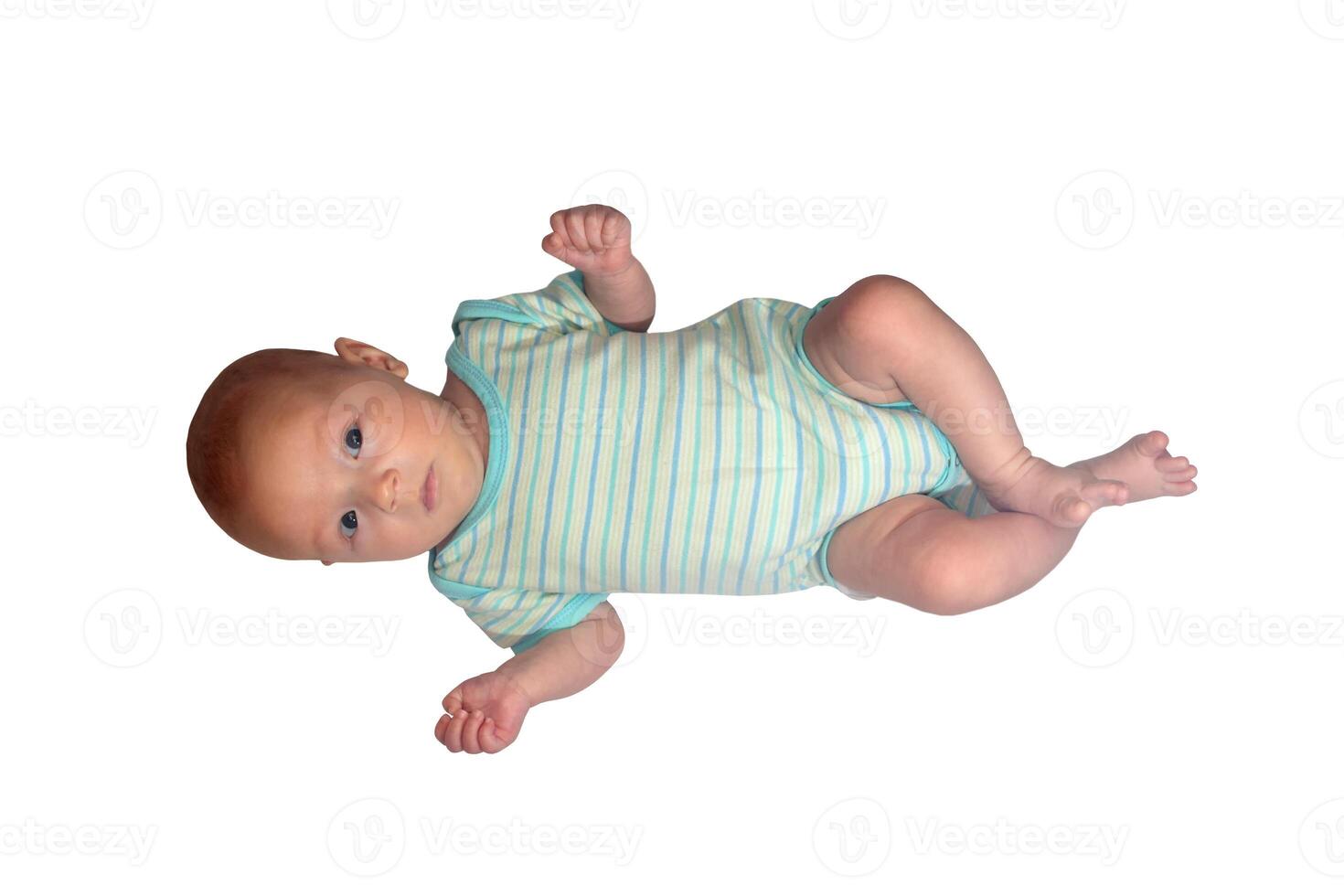 Cute little baby on white background, top view photo