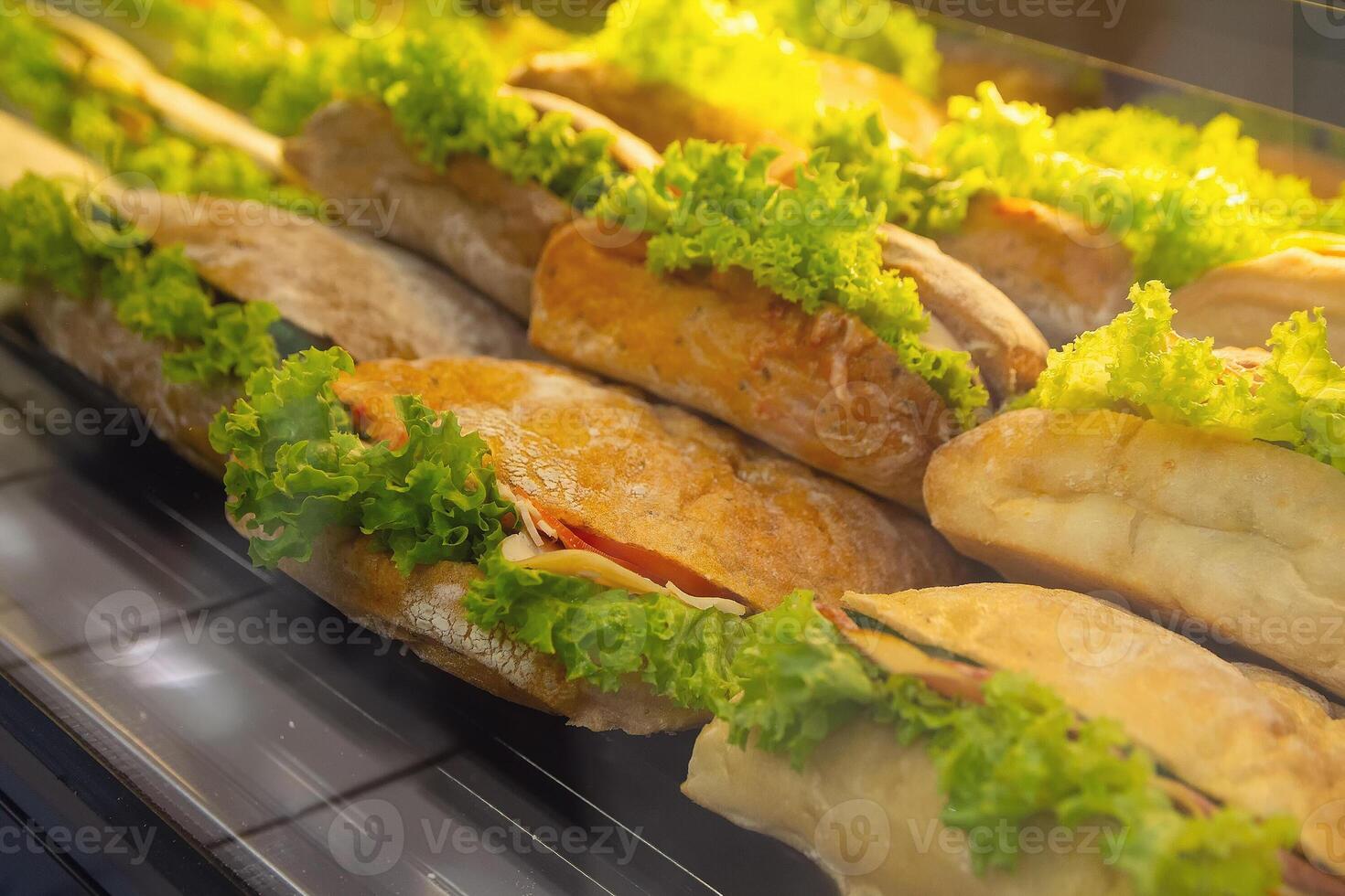 Fresh ciabatta in the shop window. Food photo