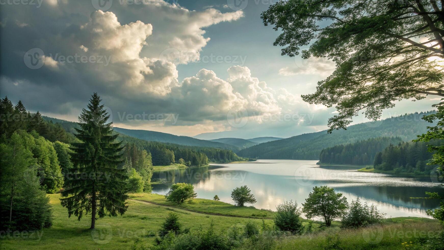A lake surrounded by trees and grass photo