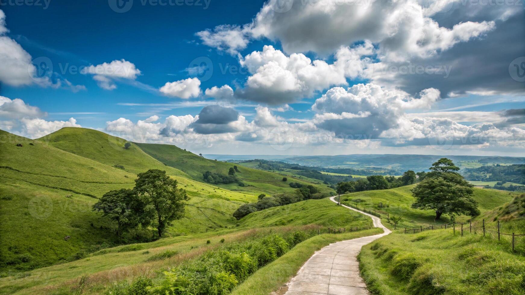 A winding path leads to a green valley with hills in the background photo