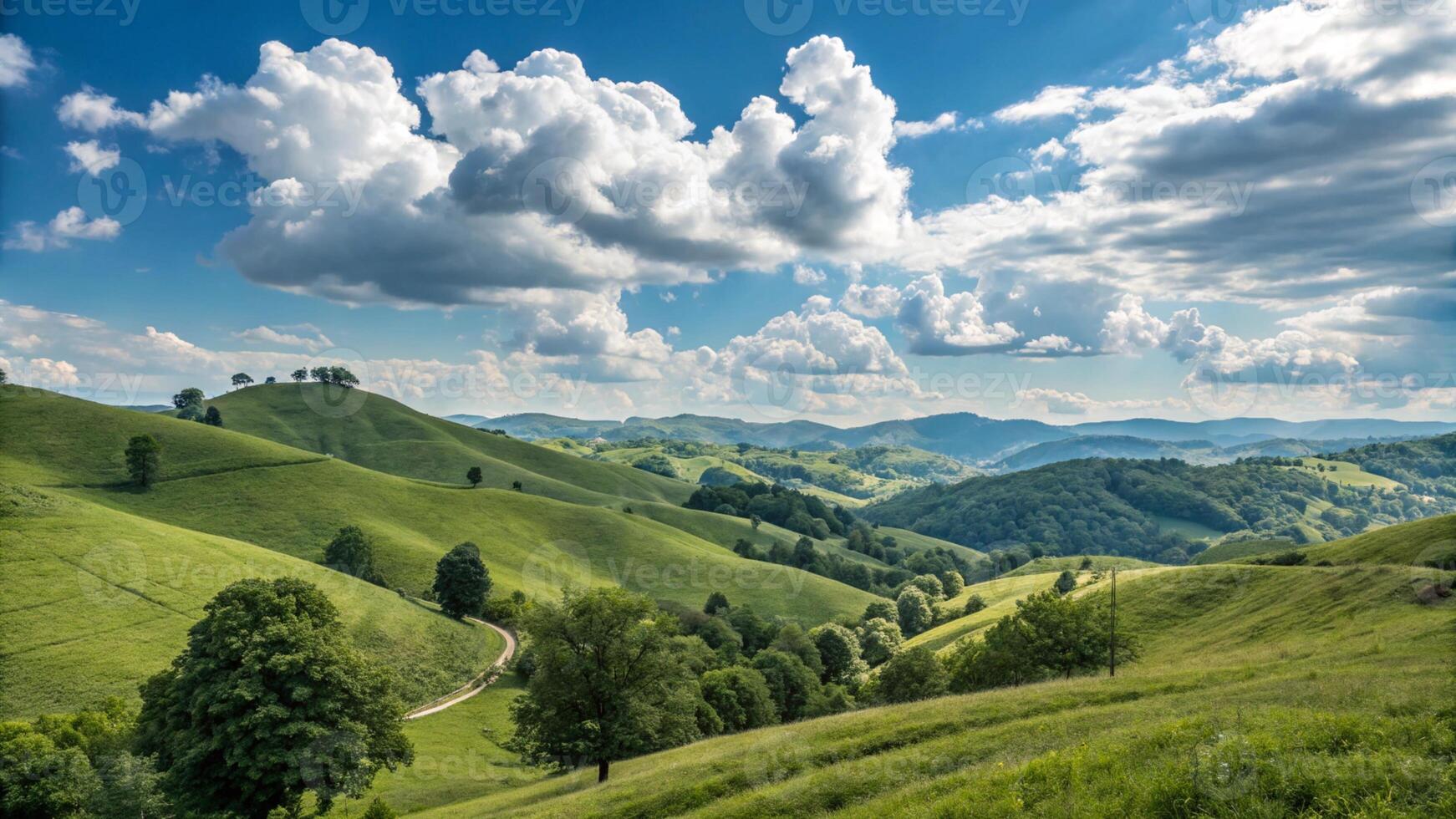 A scenic view of green hills and trees under a blue sky photo