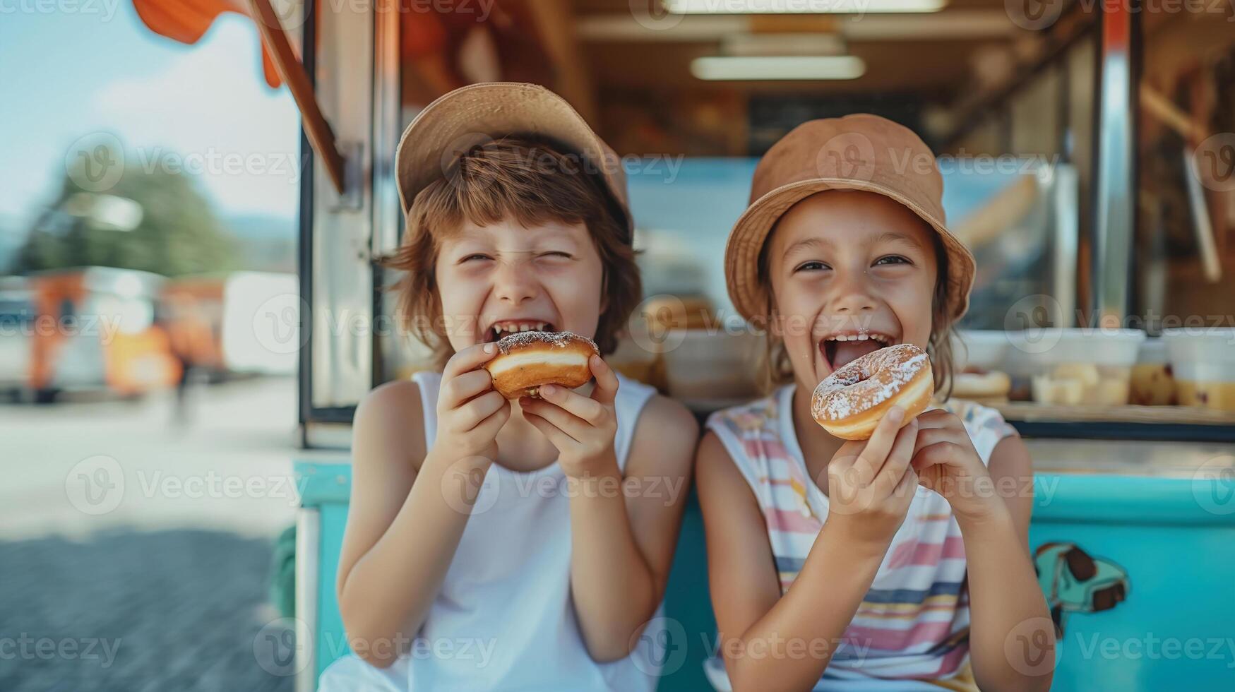 two children are enjoying eating donut in front of food truck photo
