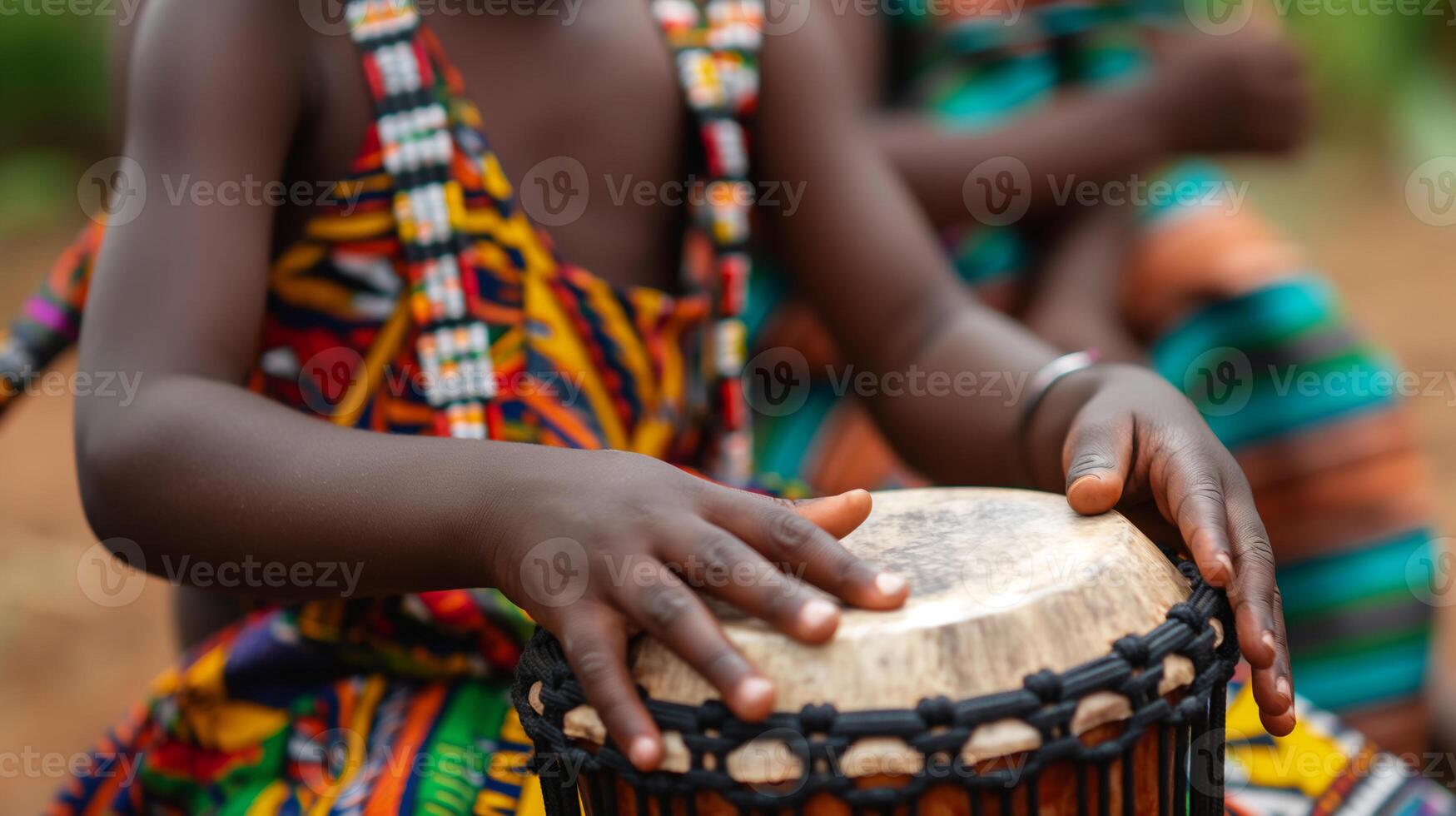 A close up detail of an African child playing a traditional djembe drum photo