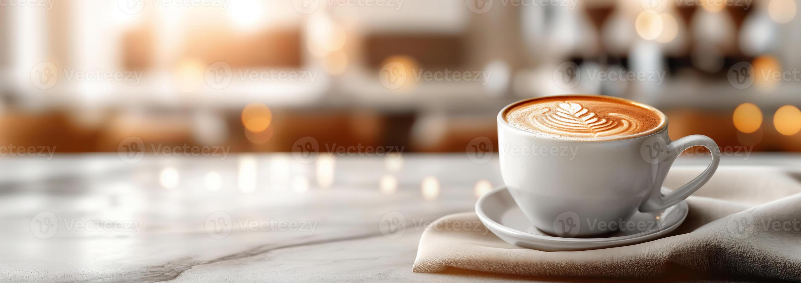 A cup of cappuccino with artistic decoration is placed on a cafe table. photo