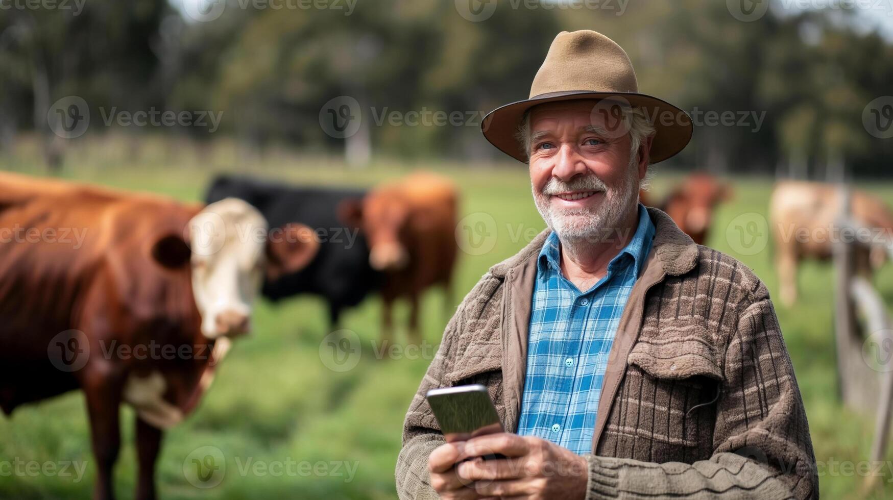 senior cattle farmer is standing while holding a smartphone in his cattle field photo