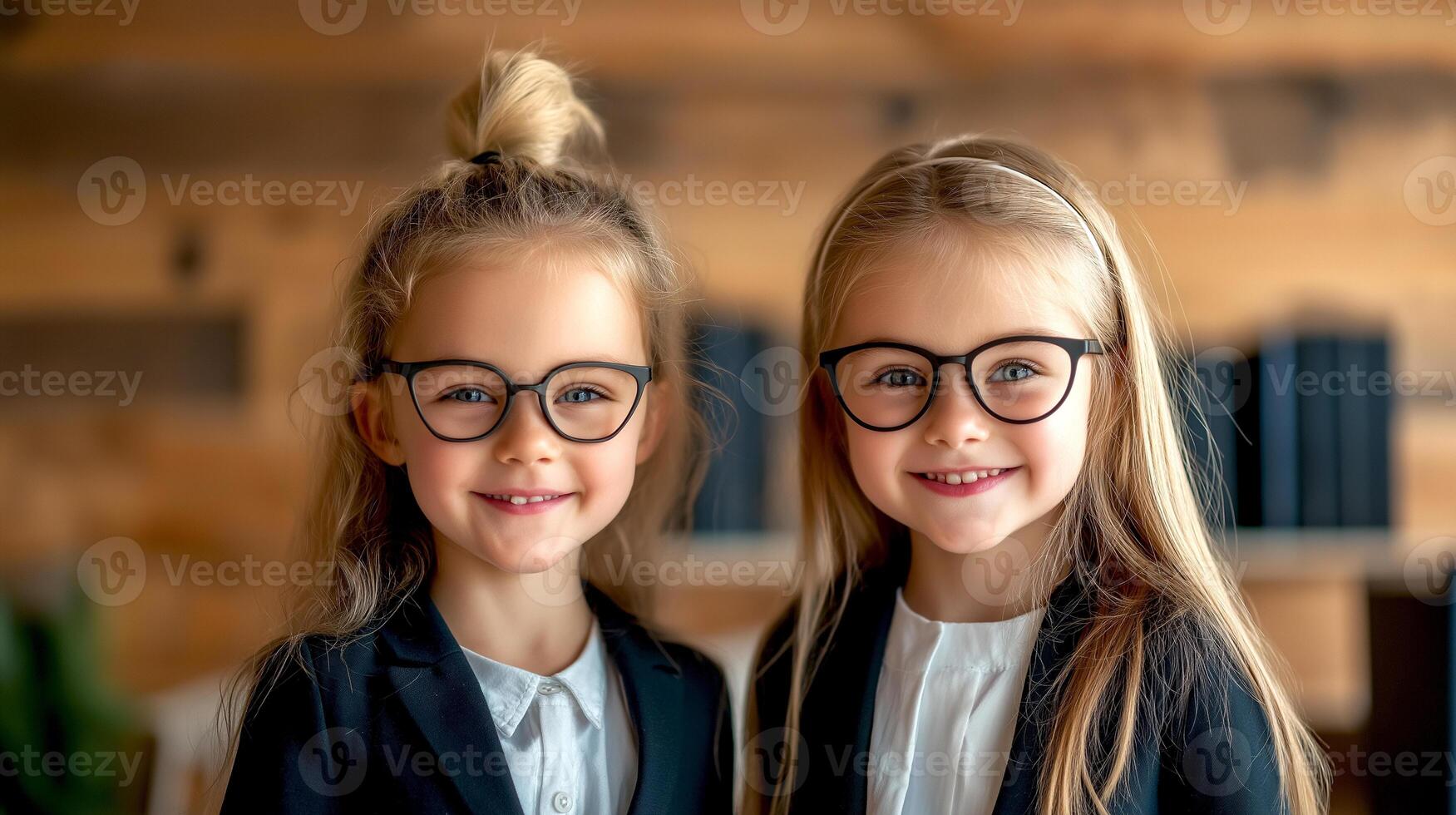 Two Business little girls with eye glassed in suit at home office with bookshelves background in the library or home office. dream occupation for children photo