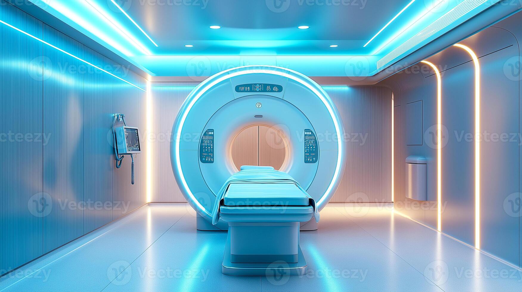 Modern CT scanner or MRI machine room in the hospital radiology center. Healthcare concept minimal interior design. Diagnostic equipment in a medical lab. photo