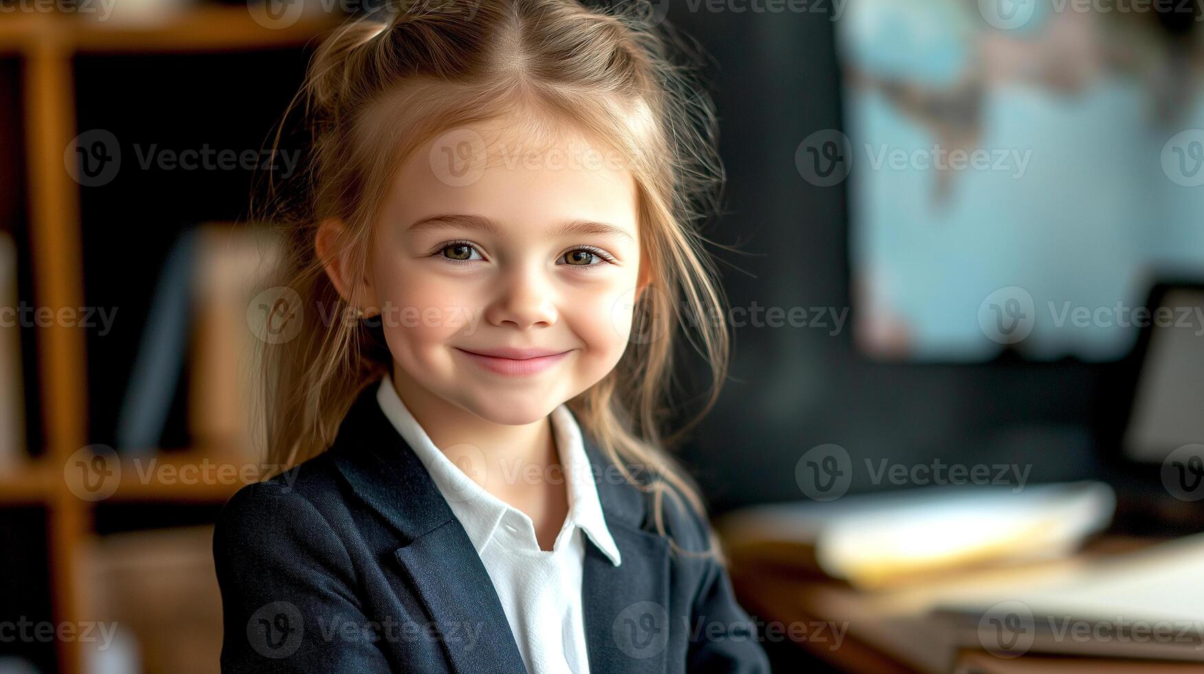 Smiling business little girl concept in suit at desk in the office, dream occupation for children photo
