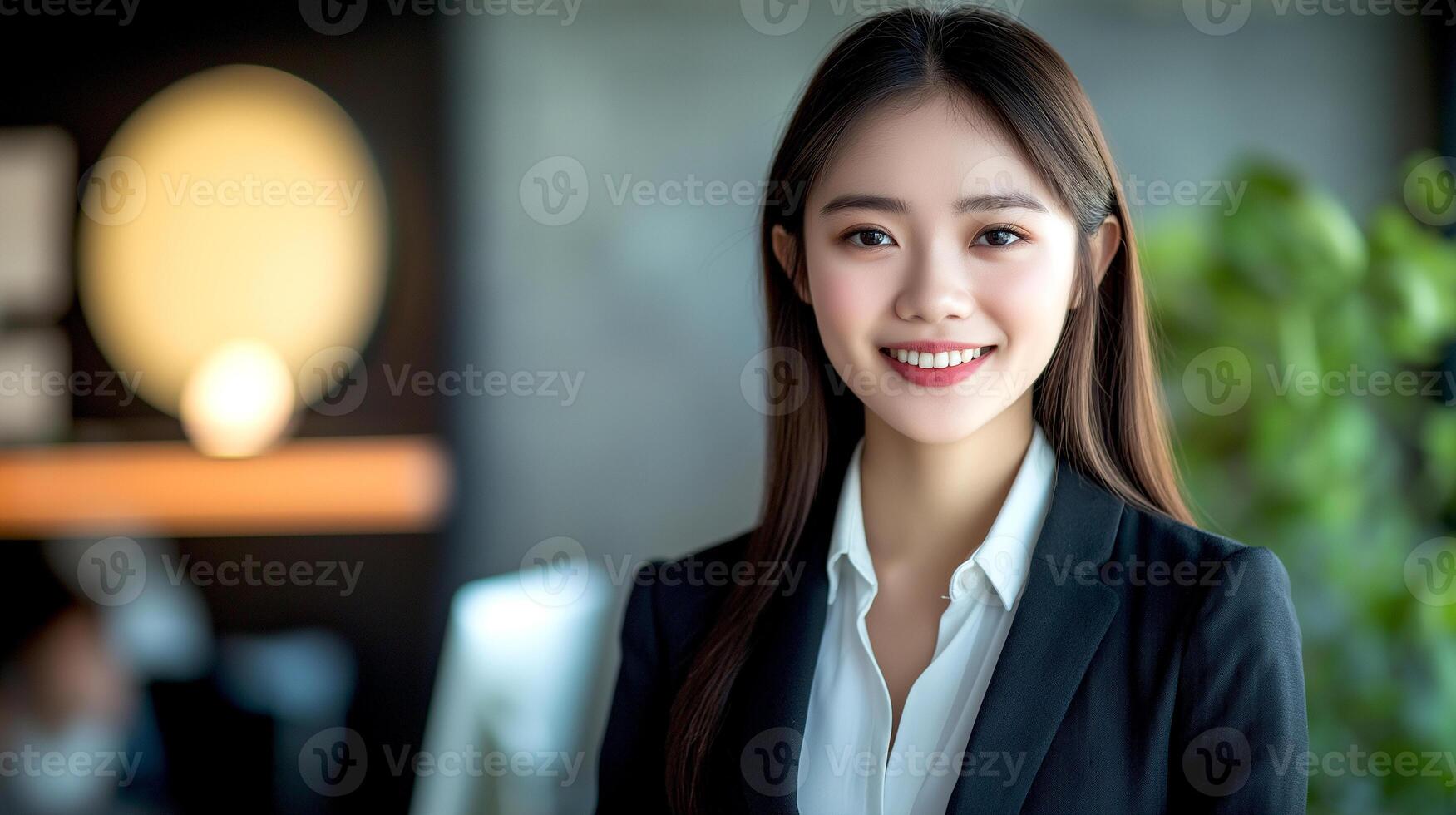 Young Asian Business woman with smiling in suit in the office. Happy saleswoman talking to clients, blurred office background. First jobber photo