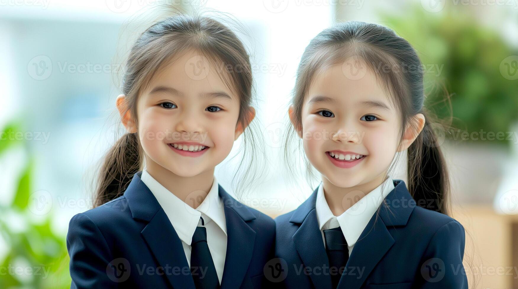 Two Asian, Japanese or Chinese Business little girls in suit at hoffice blurred background. dream occupation for children photo