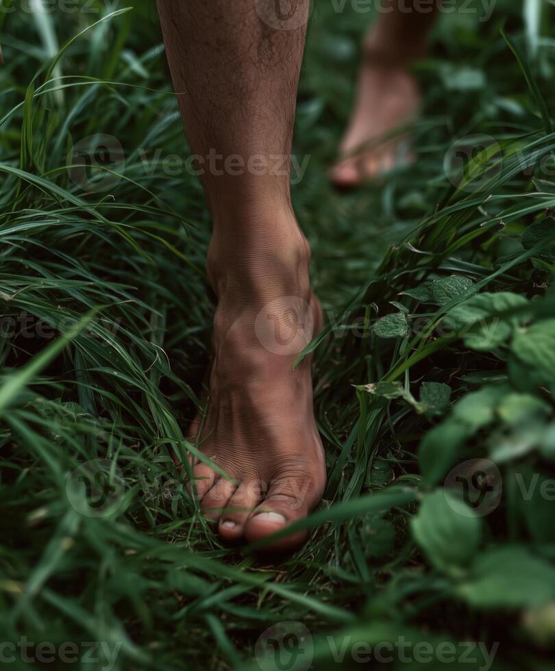 A close-up photo of bare feet walking slowly through dense, lush green grass, toes sinking gently into the soft blades.
