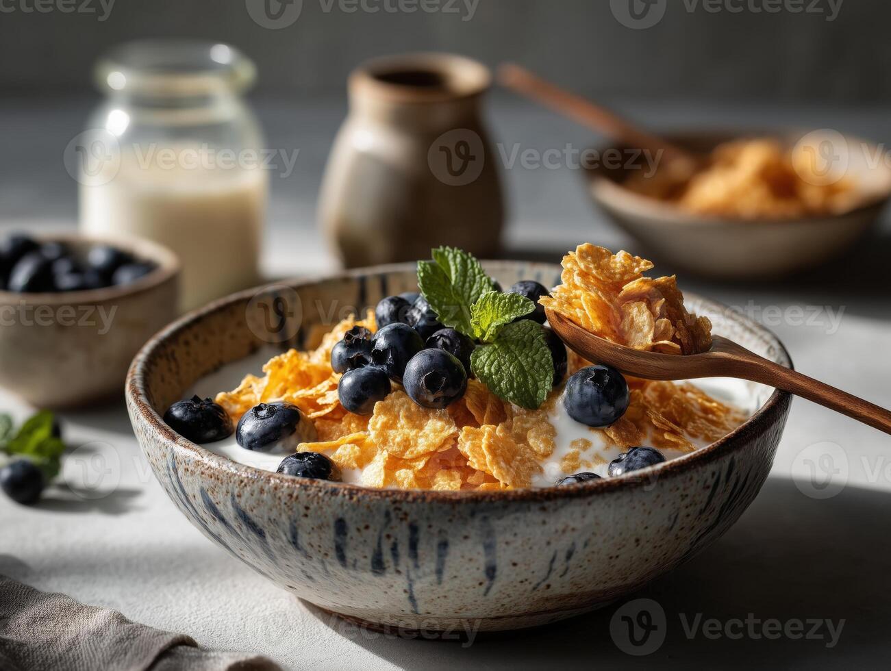A ceramic bowl filled with golden breakfast cereal and fresh milk, topped with a small pile of frozen blueberries and a sprig of fresh mint. photo